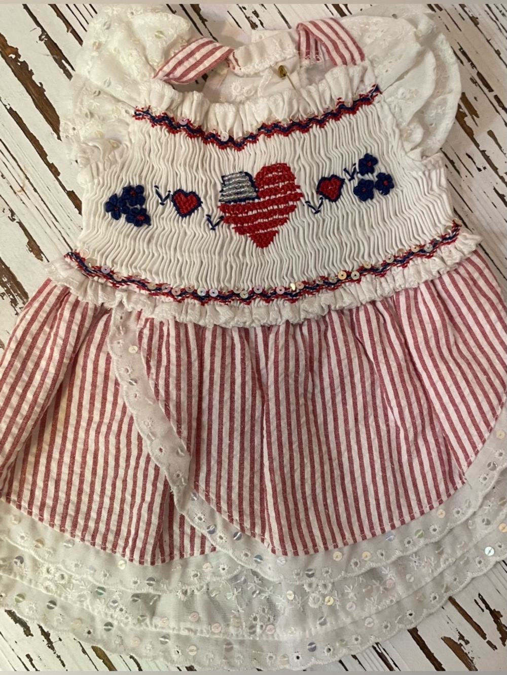White Eyelet Pet Dress with Red Stripe & Patriotic Heart Embroidery
Small